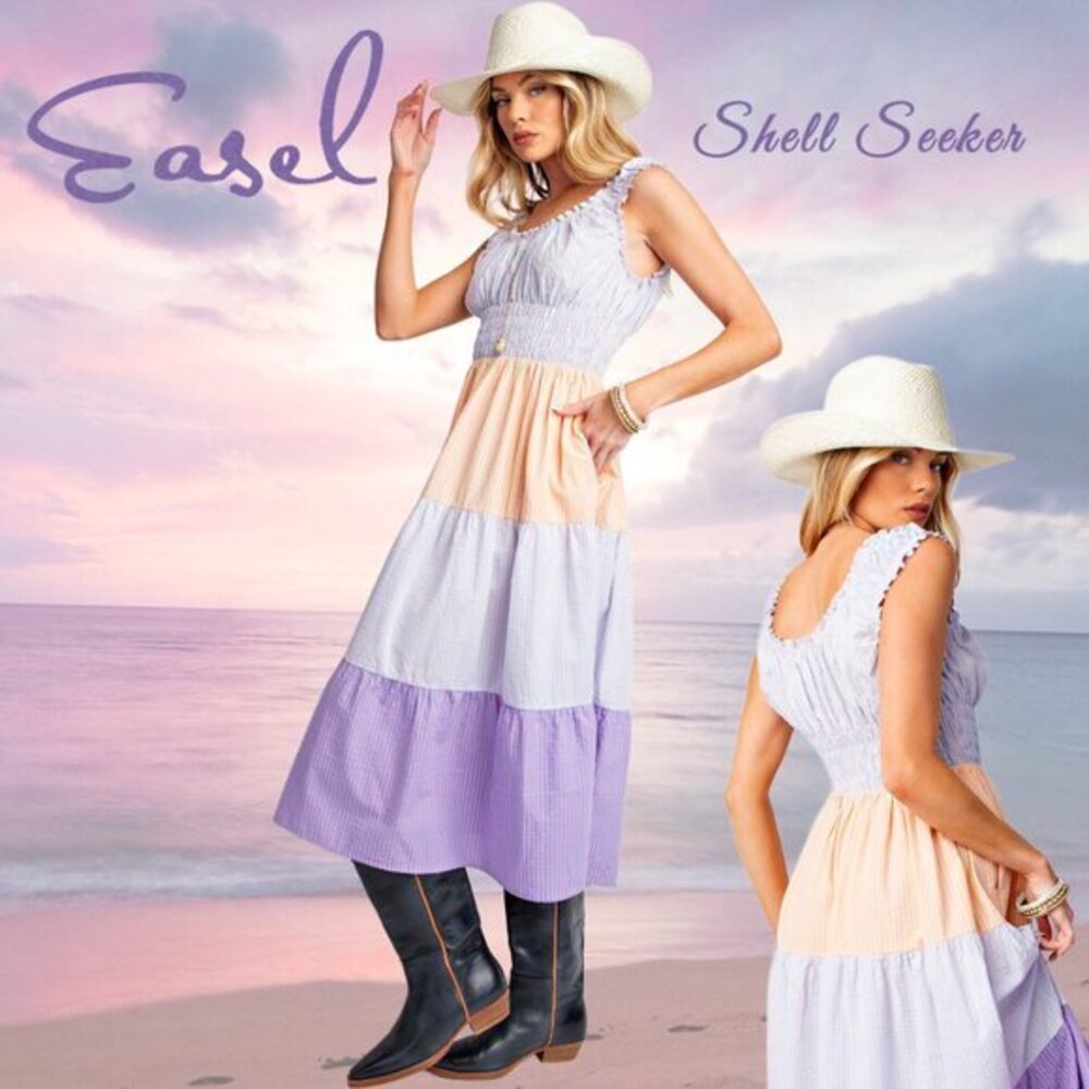 EASEL “Shell Seeker” Tiered Cotton Long Dress Mixed Block Colors Striped Pockets